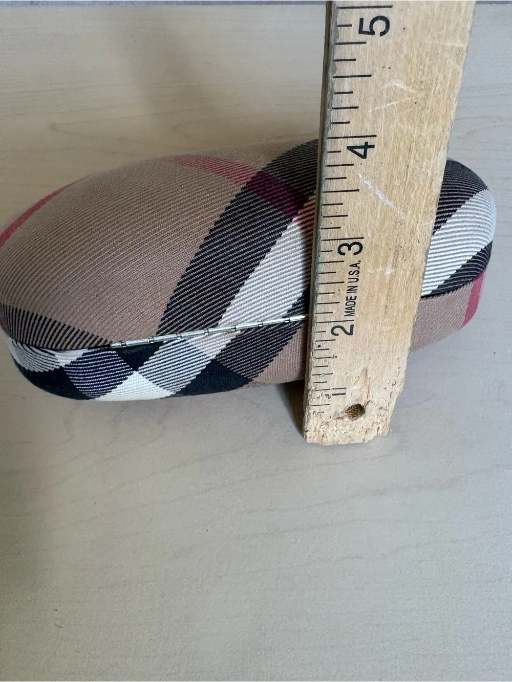 Burberry Tan Plaid Glasses Case with Pink and Black Stripes